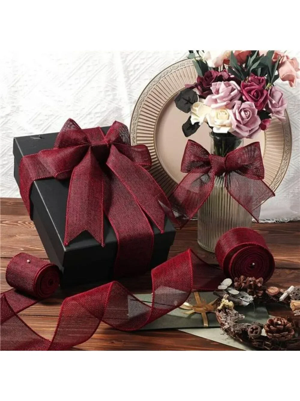 Burgundy Burlap Wired Ribbon 2 5 Inch x 10 Yards Roll for Wreaths Bows Crafts